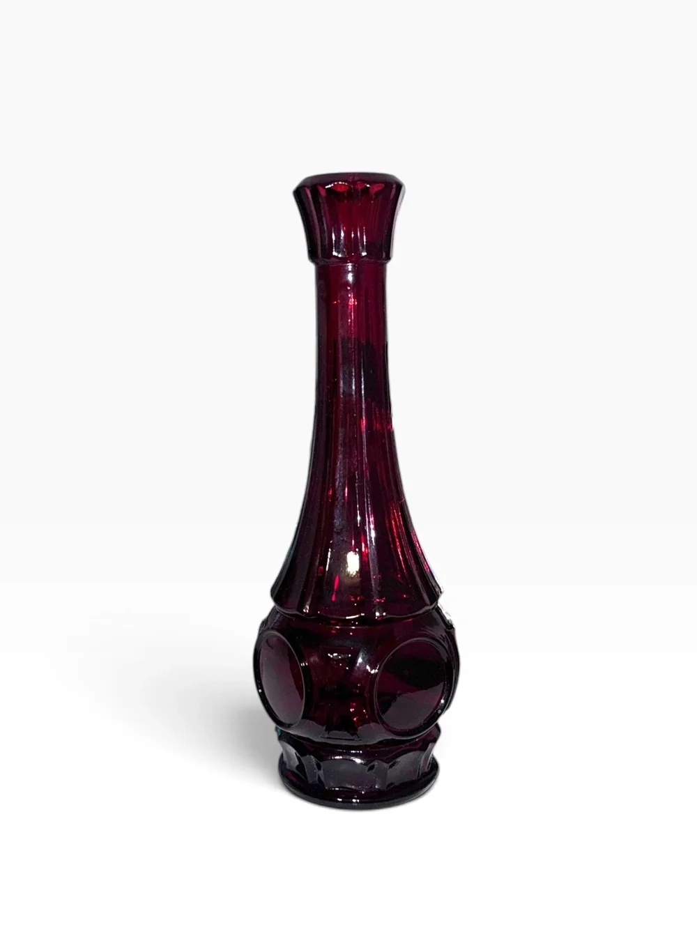 Vintage Ruby Red Glass Bud Vase with Raised Circular Motif, Mid-Century Modern